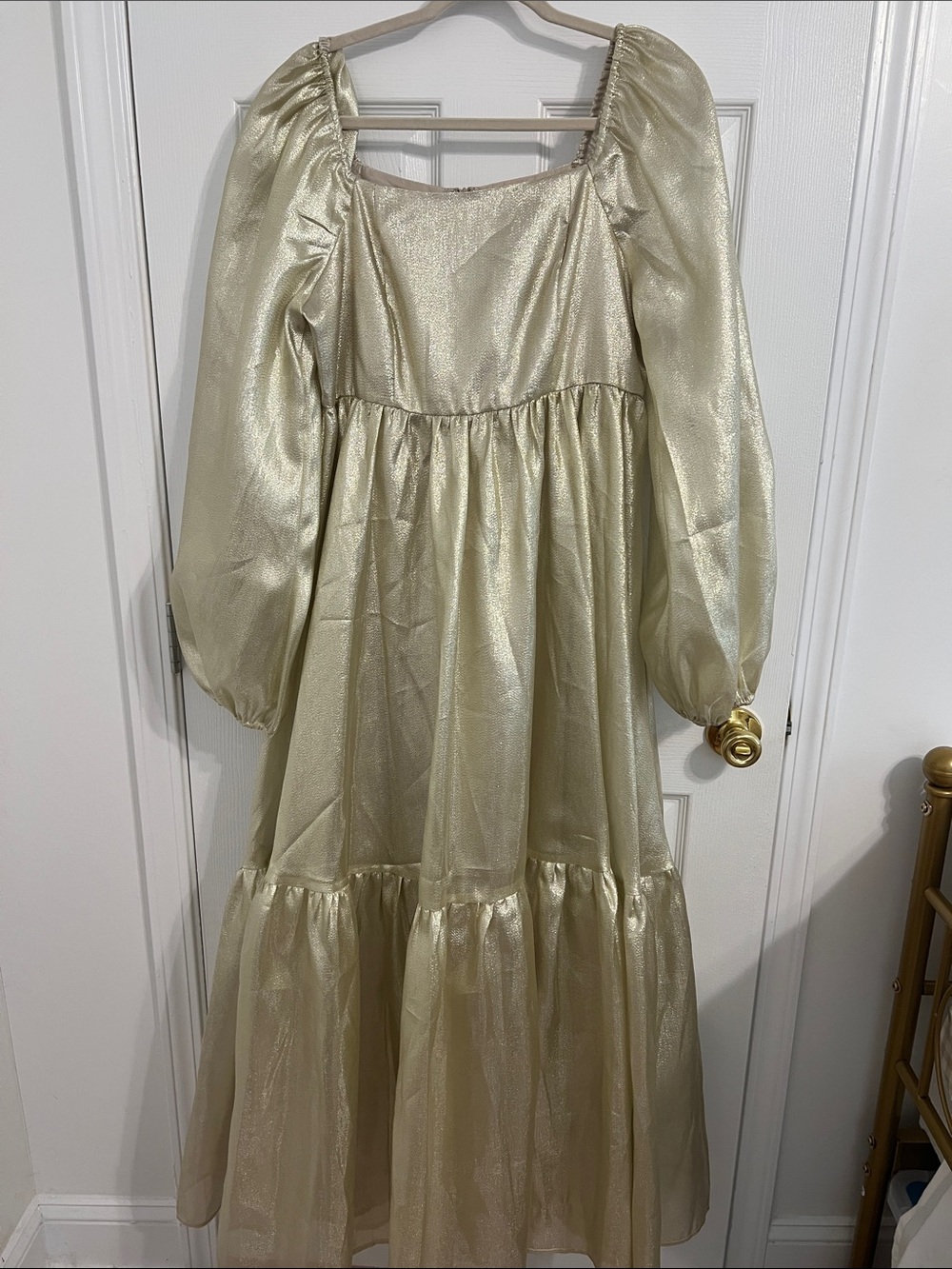 Aura Shimmery Cream Long Puff-Sleeve Princess Dress